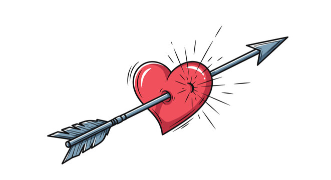 Red heart symbol being pierced through by a sharp metal arrow representing love, heartbreak, or cupids aim in a detailed hand drawn style.