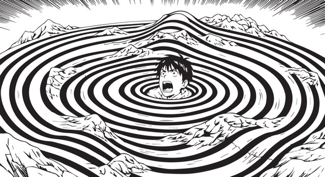 Black and white manga style illustration, man trapped in swirling vortex, abstract psychological concept