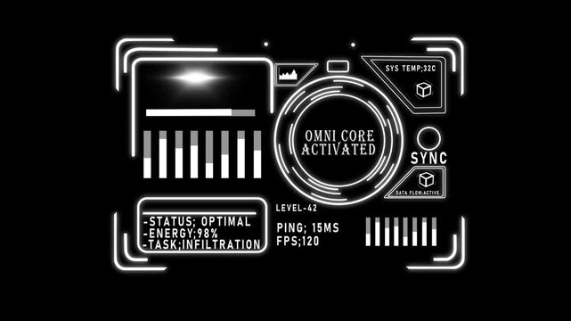 Futuristic hud interface overlay with omni core activation and data analytics 4k