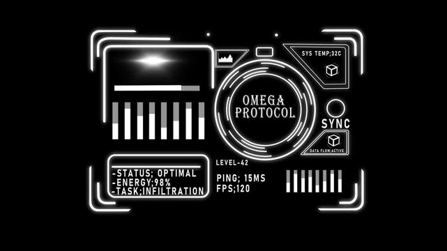 Futuristic hud interface overlay with omega protocol data and digital scan 4k sci-fi