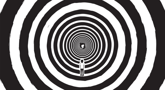 Optical illusion, black and white, concentric circles, surreal tunnel, minimalist design, geometric pattern
