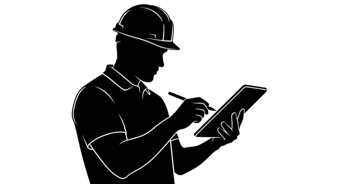 Construction worker, engineer, or inspector with clipboard and pen, black silhouette icon