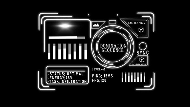 Futuristic hud interface overlay with domination sequence data for sci-fi gaming and tech ui 4k