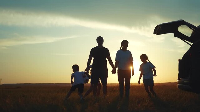 Family playing in the car camping. Happy people fun concept. group of children are on vacation and running around in cars. Family playing in a car while running around in camping car on fun vacation.