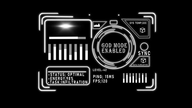 Futuristic hud overlay with god mode enabled text for gaming and sci-fi ui 4k heads-up display