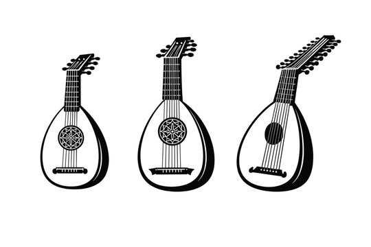 Set of three black and white lute illustrations featuring historical stringed instruments in a simple flat vector style, perfect for music history, Renaissance festivals, and acoustic design.
