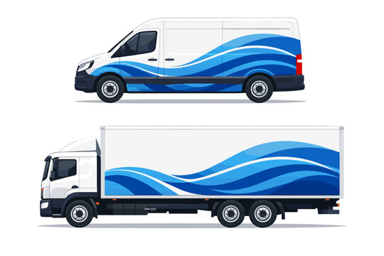 Corporate Branding Design for Delivery Van and Cargo Truck Vector Illustration Featuring Abstract Blue Waves and Flowing Lines for Professional Company Identity and Commercial Transport Fleet.