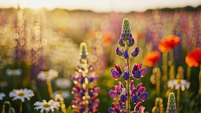 Field of wildflowers featuring purple lupines, red poppies, and white daisies during golden hour with a shallow depth of field and soft bokeh against a sunset and mountain background.