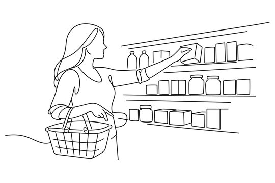 Continuous Line Drawing of a Woman Shopping at a Supermarket, Female Customer Holding a Basket and Reaching for Products on Grocery Store Shelves, Minimalist Vector Art of Retail Experience