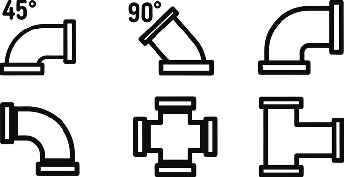 Plumbing Pipe Fitting Vector Icon Set with Elbow T-Junction and Cross Connectors Line Art