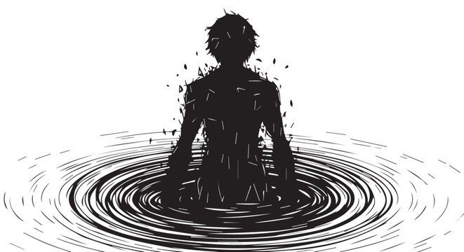 Depressed person, silhouette in water, mental health, anxiety, vector illustration