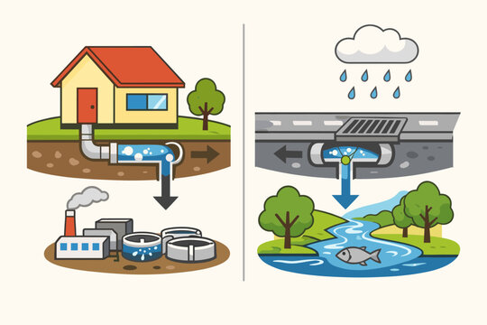 Comparison of Sanitary Sewer and Storm Drain Systems: Household Wastewater Flowing to Treatment Plant vs Rainwater Runoff Entering Natural River and Waterways, Environmental Infrastructure.