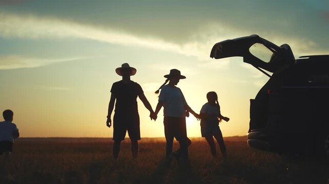 Children playing in a car while camping. Motorhome caravan camper concept. Family on vacation camping in the car. Family playing in the car while fun camping on. vacation. family motherhood concept.