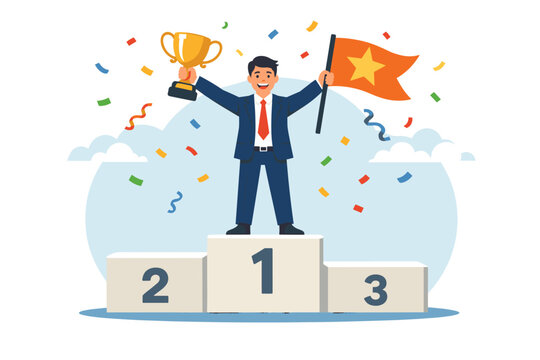 Successful Businessman Celebrating Victory on a First Place Podium Holding a Gold Trophy and a Star Flag with Confetti, Concept of Achievement, Leadership, Career Growth, and Business Success.