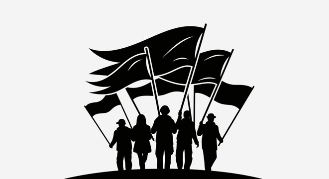 Protest, demonstration, activism, people holding flags, black silhouette, vector icons