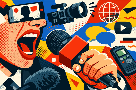 Vibrant Halftone Collage of a Journalist Screaming into a Microphone for Social Media News. Features a Video Camera, Smartphone, Globe, and Digital Recorder in a Bold Pop Art Graphic Illustration.