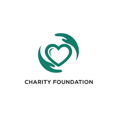 Obraz premium Charity foundation logo with hands and heart symbol caring.