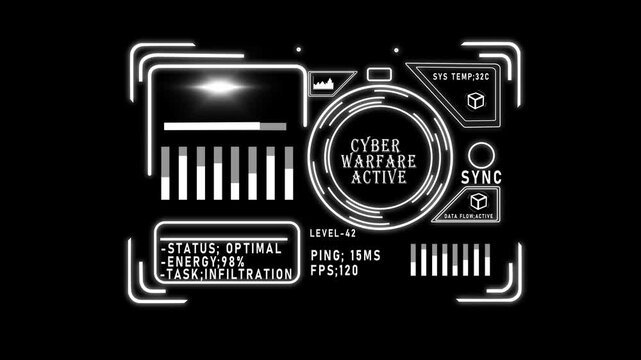 Cyber warfare hud interface overlay with digital data analytics and infiltration status 4k