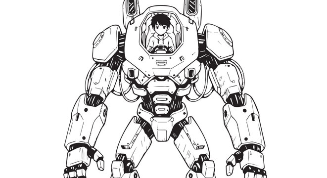 Robotic Mech Illustration, Futuristic Robot Design, Black and White Vector, Sci-Fi Character