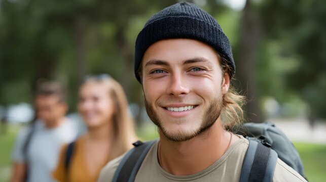 Smiling young man wearing a beanie and backpack during an outing in a lush green park environment