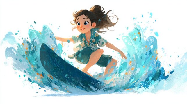 Young girl surfing on a blue wave with splashes of water in the background