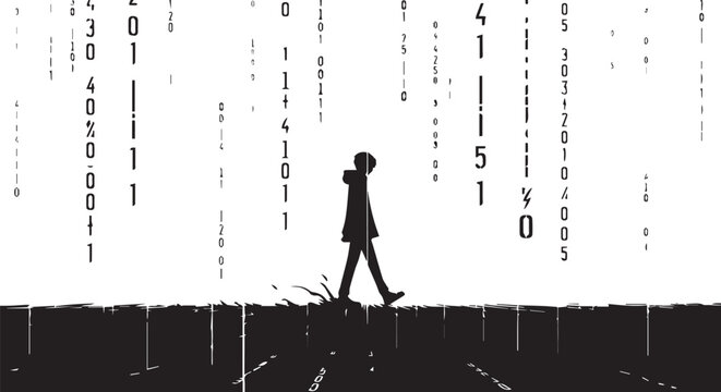 Futuristic silhouette, binary code rain, technology background, hacker concept, coding illustration