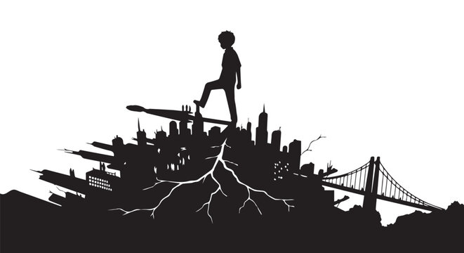 Cityscape silhouette, urban landscape, cracked earth, man on hill, black and white vector