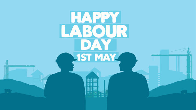 Two workers silhouetted celebrating international labour day against industrial backdrop