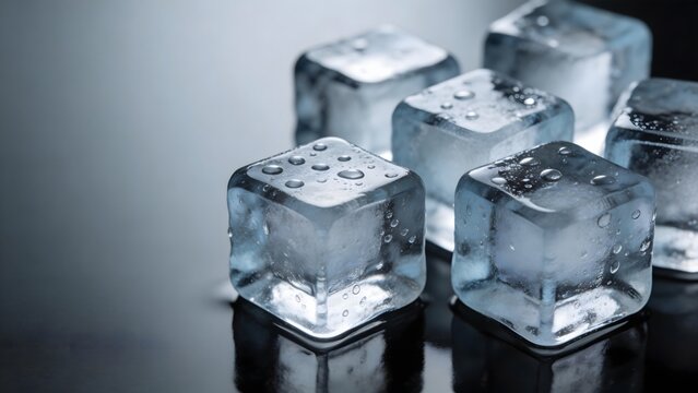 Clear ice cubes on reflective surface