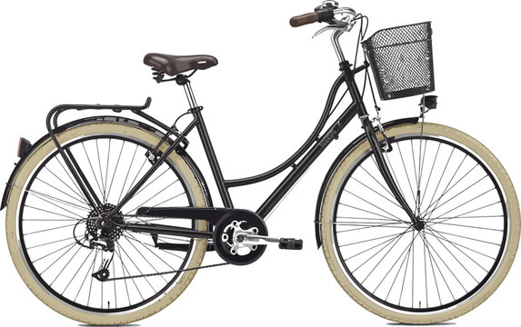 Vintage bicycle, classic bike, brown leather seat, black frame, cream tires, city bike