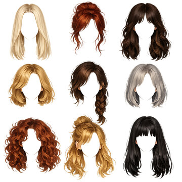 Set of nine diverse human hair wigs in natural styles isolated on white background