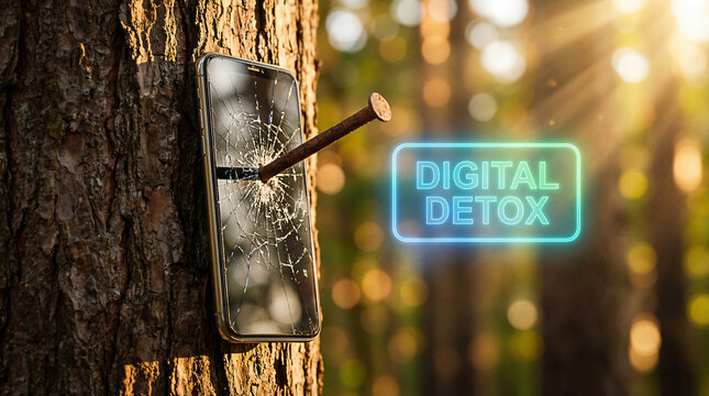 Smartphone Impaled on Bark Metaphor for Unplugging and Escaping Digital Life