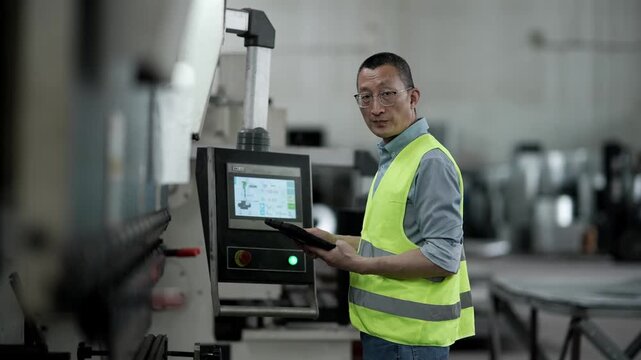 Worker operating the control panel of a CNC machine in a factory workshop