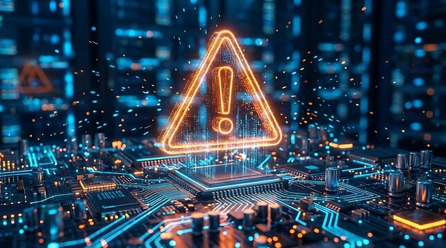 Digital warning sign with exclamation mark hovering over a hightech computer circuit board in a data center