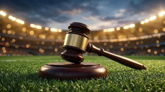 A wooden judges gavel resting on a green grass field inside a large, illuminated sports stadium at dusk