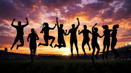 Obraz premium Silhouette of a group of female soccer players celebrating a victory on the field at sunset in a stadium
