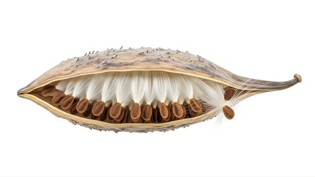 A seed pod is open on a transparent background showing its fluffy white and brown seeds