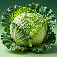 Fototapeta premium Fresh green savoy cabbage with dew drops on isolated mint background