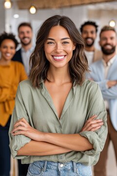 Confident smiling woman leader standing with diverse business team in modern office setting