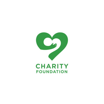 Charity foundation logo with heart and hand shape concept and modern typography.