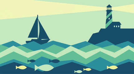 Fototapeta premium Minimalist coastal scene with sailboat, lighthouse, and ocean waves
