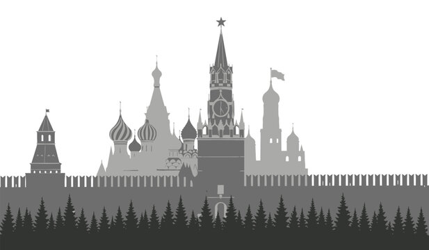 A striking grayscale depiction of moscow s red square and kremlin featuring iconic architecture and a detailed skyline silhouette high quality professional modern elegant