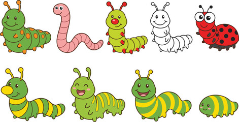 Naklejka premium Cute Cartoon Caterpillar and Worm Set with Different Expressions, Colorful Insect Collection Vector Illustration for Kids, Nature, Garden, and Educational Design