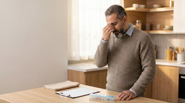 Arab middle-aged man caregiver stress in kitchen with pill organizer
