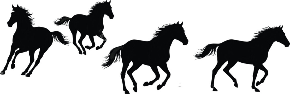 horse, silhouette, running, galloping, animal, wildlife, black, stallion, motion, speed, freedom, nature, farm, equine, herd, dynamic, vector, illustration, set, power