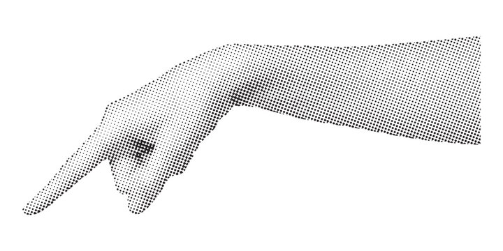 A black and white halftone graphic illustration of a human arm pointing downward with finger