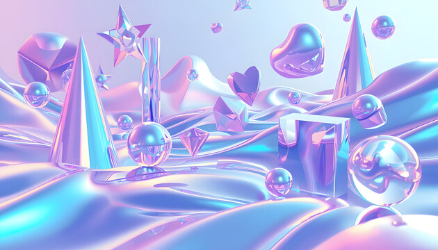 "Surreal 3D iridescent pastel landscape with glossy geometric shapes and liquid waves, vaporwave aesthetic."
