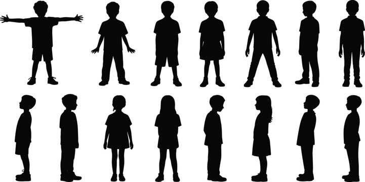 Children, silhouette, kids, standing, collection, poses, black, figures, isolated, childhood, people, group, profiles, front, side, view, diversity, studio, set, design