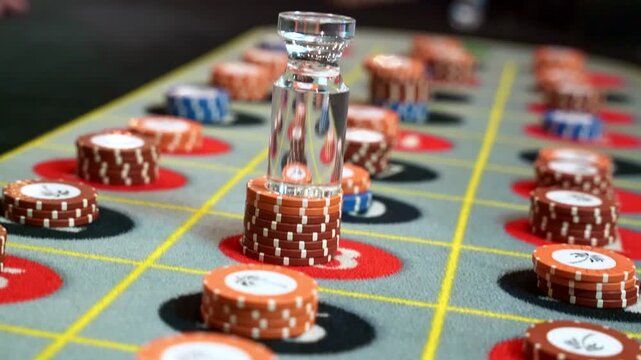 Close up roulette table with player placing glass marker on chips capturing gambling moment focused on betting strategy risk and decision making