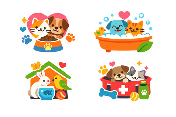 Fototapeta premium Set of cute pet care logo designs with flat vector illustrations of cats, dogs, rabbits, birds, and fish. Perfect for veterinary clinics, grooming salons, animal shelters, and pet shop branding.